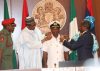 President Muhammadu Buhari decorates new service Chiefs with new ranks